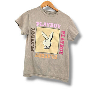 Playboy Unisex Acid Mineral Wash Crew Neck Graphic T-Shirt Tan Size‎ Small